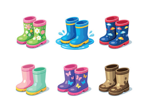 Colorful Rain Boots. Seasonal rain boot vectors. Isometric flat vector icons set of Seasonal rain boot vectors: spring flower rain boots, puddle splash boots,