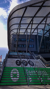 Munich, Bavaria, Germany - October 16, 2024. View of the Central Bus Station or Zentraler Omnibusbahnhof, ZOB against a blue sky.