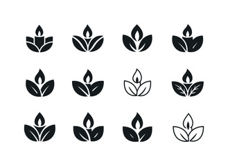 Eco-Friendly Candle Icons. Candle making with eco-friendly wax. Icon set. Set Logo of candle making with eco-friendly wax: natural leaf emblem. harmonious logo