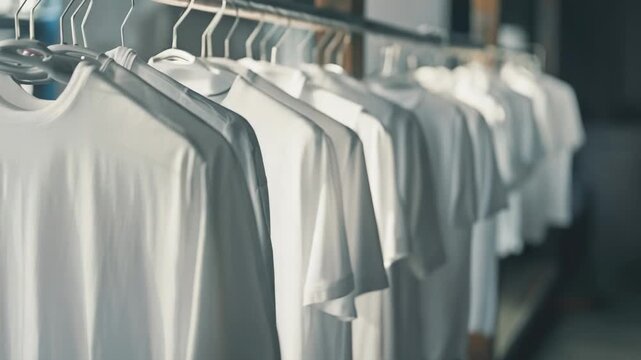 Video A row of white shirts hanging on a rack, ready for use or display