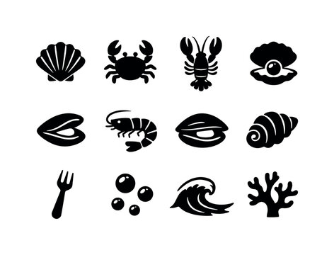 Shellfish Icon Set. Shellfish. Solid icon set of Shellfish: scallop shell, crab, lobster, oyster, mussel, shrimp, clam, shell icon, seafood fork, underwater