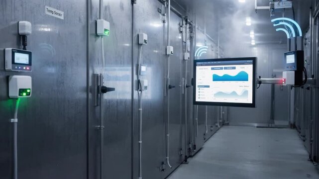 Medium shot of IoT sensors mounted on cold storage units monitoring temperature and ensuring optimal conditions across a refrigerated facility in realtime.