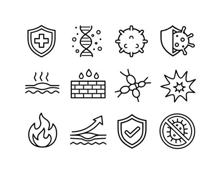 Skin Immunity Icons. Skin immunity. Line icon set of Skin immunity: immune shield, antimicrobial peptide icon, white blood cell symbol, pathogen block icon,