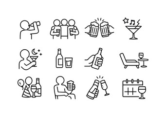 Fototapeta premium Alcohol Icon Set. Alcohol consumption. Line icon set of Alcohol consumption: drinking person, social drinking, toast gesture, party celebration, night out