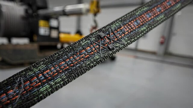 Medium shot of narrow sensorized safety webbing with colorchange yarn highlighting stress points on durable straps for industrial load monitoring applications.