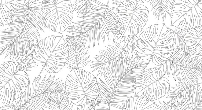 Abstract black and white pattern of stylized leaves and foliage in a dense, textured, grunge style