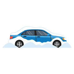 Fototapeta premium Car stuck in deep snow on winter road illustrating cold weather transportation problems, loss of mobility, and driving risks during severe winter conditions, flat vector illustration
