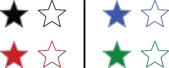Fototapeta premium colorful star icons isolated on white background, vector illustration of black, blue, red, and green stars in different styles