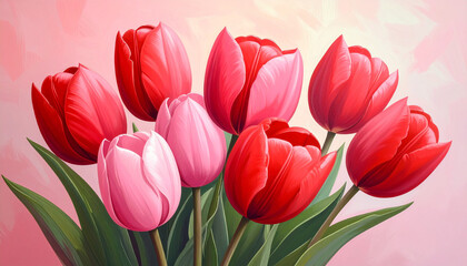 Obraz premium Bunch of red and pink tulips with smooth curved petals, elegant simple composition, oil painting style