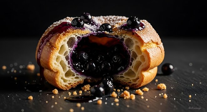 Delicious blueberry popover cut open on national blueberry popover day with fresh berries and sugar