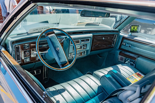 classic full-size 1978 Cadillac Coupe DeVille luxury sedan. Close-up of the leather interior.