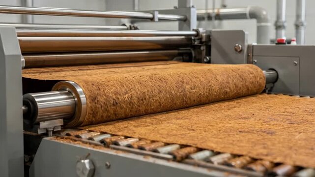 Medium shot of machinery shaping thin reconstituted tobacco sheets emphasizing the fine texture and uniform thickness in a clean industrial setting.