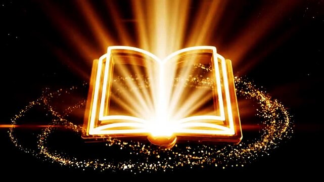 A glowing open book icon materializing from bright white and yellow magical dust. Light rays shine from the pages. Dark background, education concept, learning, knowledge, cinematic lighting, 4K."