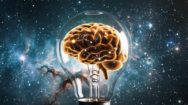 Light bulb with a brain inside representing ideas and innovation in space