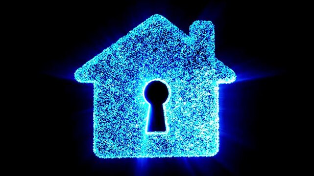 A stylized house icon with a keyhole in the center, dynamically forming from swirling blue and cyan light particles. The house solidifies and glows gently. Dark background, smart home concept, volumet
