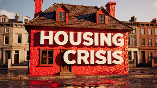 A red house with HOUSING CRISIS sign stands among urban buildings on a wet street reflecting the housing shortage issue