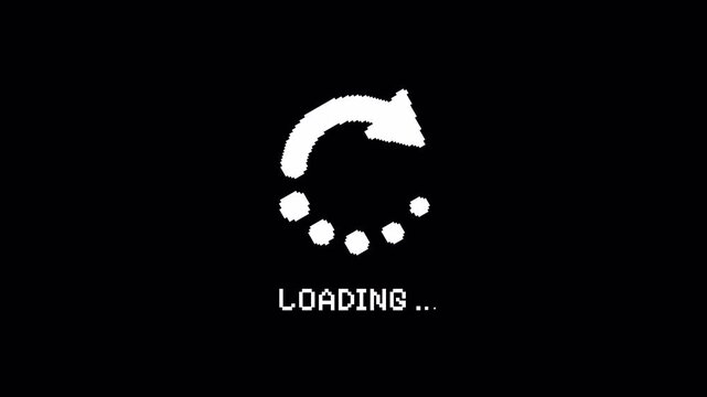 Animated 8-Bit Pixel Art Loading Screen, Rotating Arrow Icon, Retro Game UI, Alpha Channel