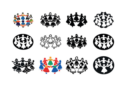 Traditional Dance Icons. Joyful dancers in traditional costumes. Icon set. Set Logo of Joyful dancers in traditional costumes: group circle dance. harmonious