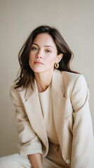 Minimal luxury portrait of a woman, oversized neutral blazer, clean beige background, soft studio lighting