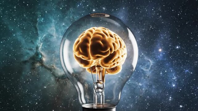 A lightbulb with a brain inside on a starry night background with a galaxy and stars