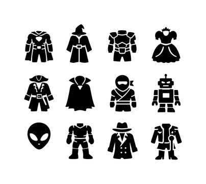 Pop Culture Icons Grid. Pop Culture Costumes. Solid icon set of Pop Culture Costumes: superhero suit, wizard robe, sci-fi armor, princess dress, pirate outfit,