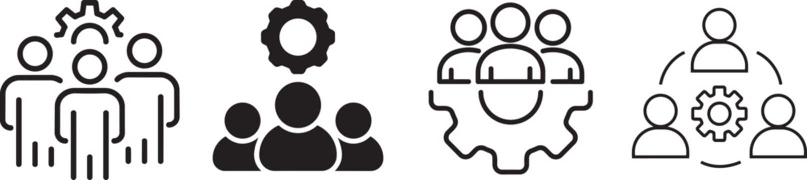 Teamwork Icon Collection: Set of diverse vector icons that representing teamwork, collaboration and unity, each portraying unique configurations of human figures and gears.