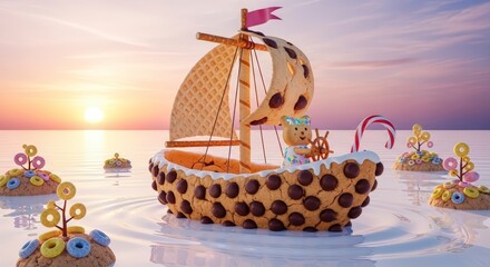 Whimsical sailboat on calm waters at sunset.