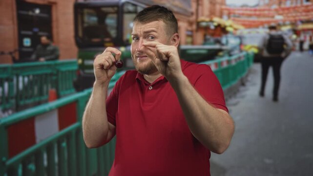 Man in red polo shirt pinches a tiny cherry by the stem between fingers near a green barrier on a crowded street; playful teasing.