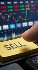 Finger pressing sell button stock market.