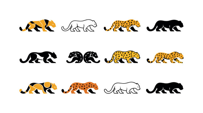 Leopard Logo Variations. Leopards. Icon set. Set Logo of Leopards: leopard tail curve. harmonious logo variations of the same emblematic concept, each with