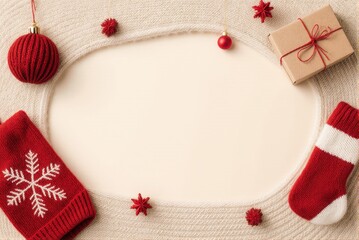 Christmas Mockup Frame with Knitted Mitten, Stocking and Gift, Copy Space