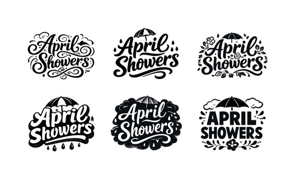 April Showers Lettering Grid. April showers. Set lettering. harmonious lettering variations of the same emblematic concept, each with different artistic