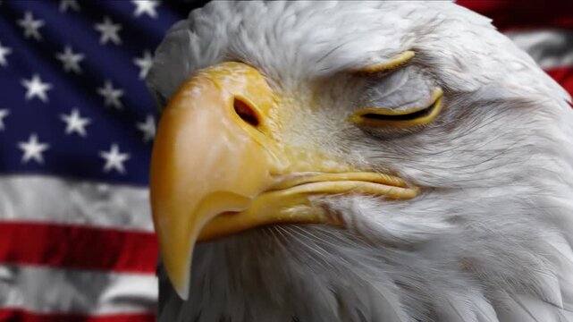 Majestic bald eagle, a powerful American symbol, embodying freedom, patriotism, United States spirit, with a vibrant flag, celebrating Independence Day, July Fourth