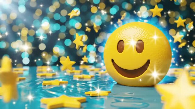 A bright yellow smiley face surrounded by stars and sparkling lights on a blue background