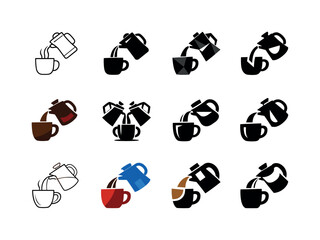 Fototapeta premium Coffee Pouring Icons. Pouring coffee into a mug. Icon set. Set Logo of pouring coffee into a mug: steaming coffee stream from pot into cup. harmonious logo