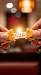 Hands holding fortune cookie with message.