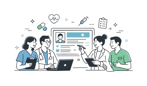 Collaborative Healthcare Teamwork. Healthcare teamwork illustration. Doctors and nurses calmly collaborating around a digital patient chart, exchanging