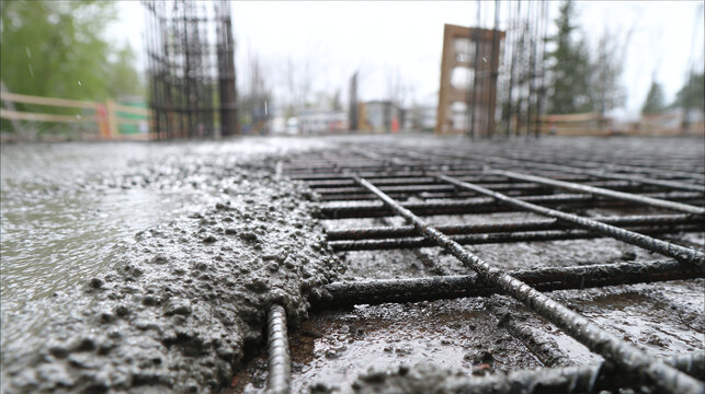 Wet concrete poured over steel rebar for construction foundation