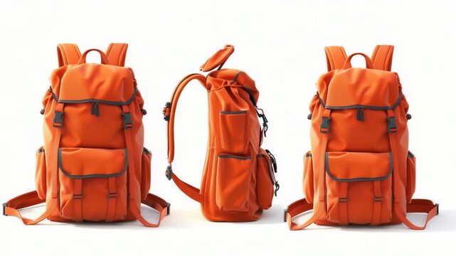 Video Two orange backpacks sitting side by side on a white surface