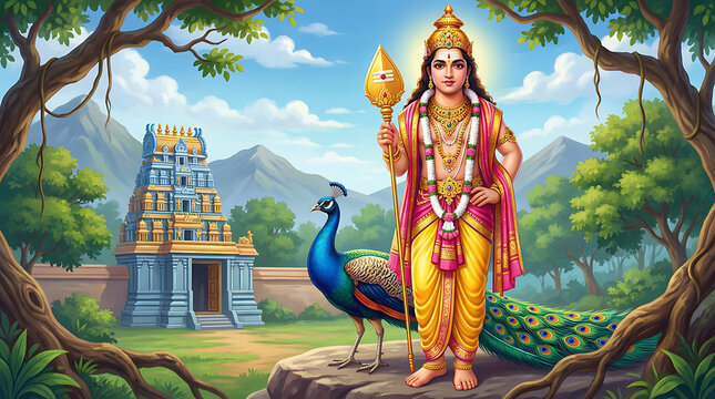 Radiant artwork of lord murugan holding a vel weapon standing beside his peacock mount with a colorful dravidian temple backdrop for the auspicious thaipusam celebration