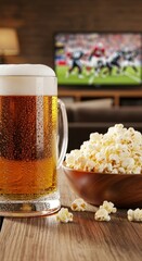Beer and popcorn on wooden table.