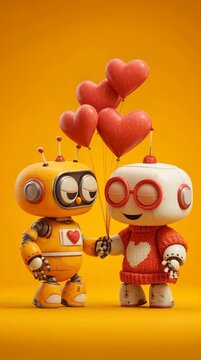 Two adorable robots holding heart shaped balloons on a bright yellow background. Playful 3D illustration symbolizing love, friendship, technology, and Valentine&rsquo;s Day.