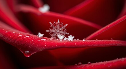 Frozen water droplets on red leaves.