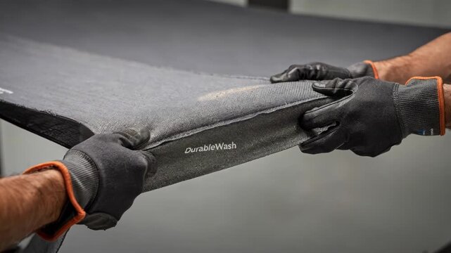 Medium shot showing durablewash treated technical fabric being stretched emphasizing longlasting antistatic performance and resistance to wear in industrial applications.