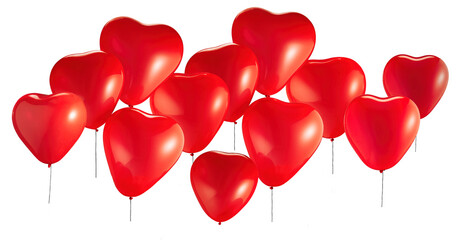 Red Balloons in the shape of hearts on a white background, filled with helium, tied together, float in the air