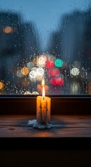 Candlelight in a rainy cityscape view.