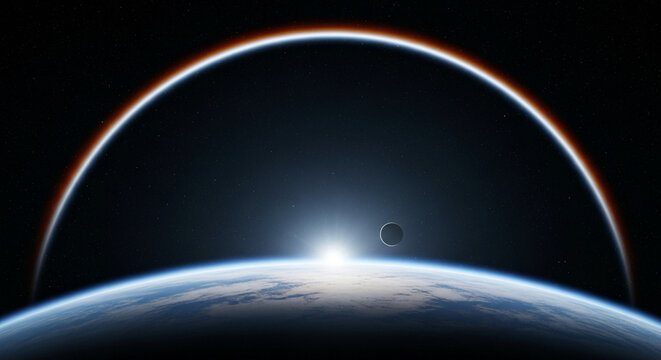Sunrise over Earth with emphasized thin blue line of atmosphere.