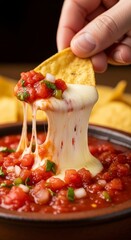 Hand dipping tortilla chip into queso.