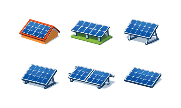 Isometric Solar Panel Icons. Solar Panel. Isometric flat vector icons set of Solar Panel: rooftop solar panel array, ground-mounted solar panel, solar panel