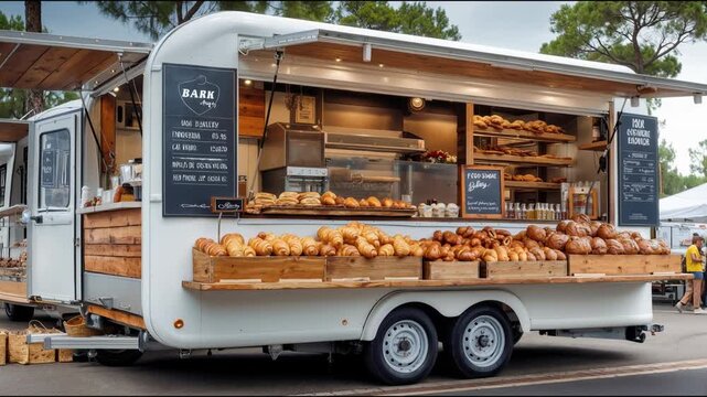 A mobile bakery food truck displaying fresh pastries and croissants. Small business stall at an outdoor local market. Street food and entrepreneurship concept